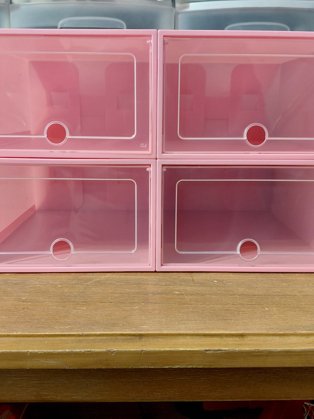 Set of 4 Pink Stackable Shoe Storage Boxes - Clear Front Drop-Front Organizers